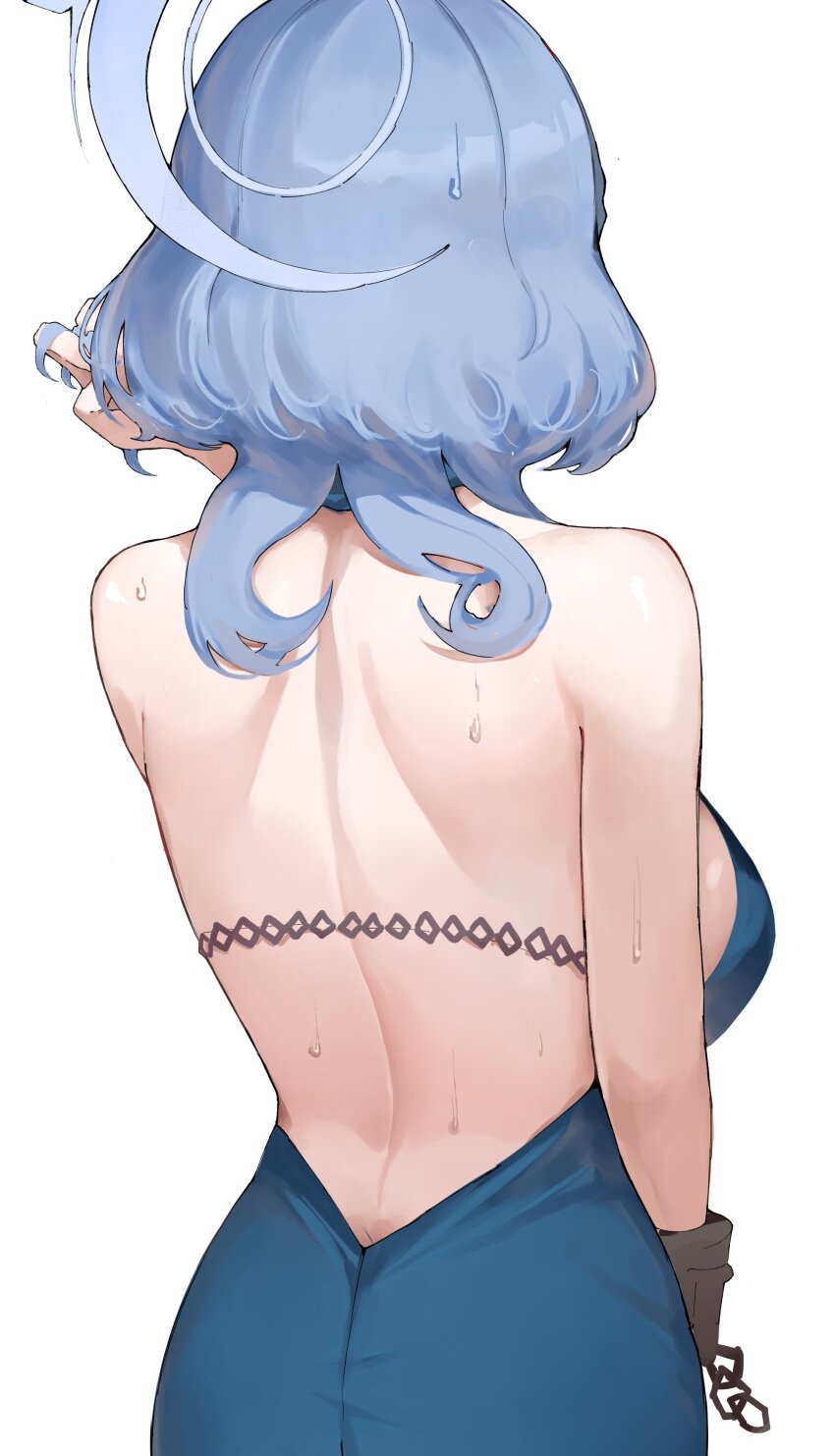 1girl absurdres ako_(blue_archive) ako_(dress)_(blue_archive) back backless_dress backless_outfit blue_archive blue_dress blue_hair blue_halo djan dress evening_gown from_behind halo hand_in_own_hair hand_up highres medium_hair official_alternate_costume sideless_dress single_handcuff sleeveless sleeveless_dress sweat white_background