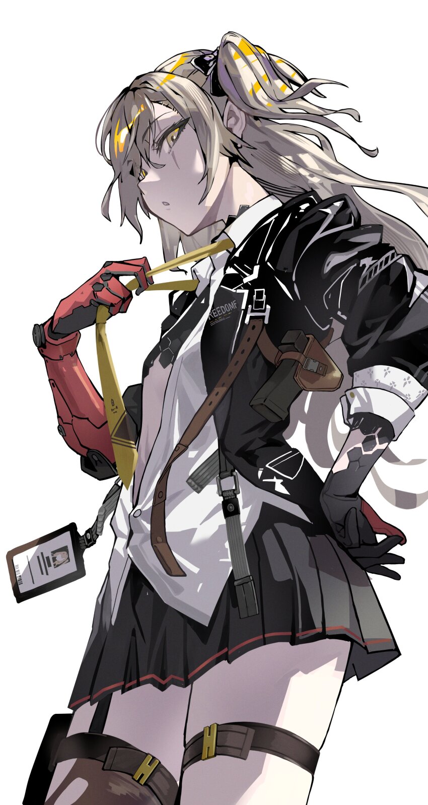 1girl absurdres black_bow black_jacket black_skirt bow brown_hair clothes_grab collared_shirt commentary_request fujita_(condor) girls&#039;_frontline girls&#039;_frontline_2:_exilium glock gun hair_bow handgun highres holster holstered id_card jacket leva_(girls&#039;_frontline_2) long_hair looking_at_viewer mechanical_arms necktie necktie_grab neckwear_grab one_side_up open_clothes open_jacket open_mouth partially_unbuttoned pleated_skirt prosthesis prosthetic_arm scar scar_across_eye scar_on_face shirt shoulder_holster simple_background single_mechanical_arm single_thighhigh skirt solo thighhighs torn_clothes torn_thighhighs ump45_(girls&#039;_frontline) weapon white_background white_shirt yellow_necktie