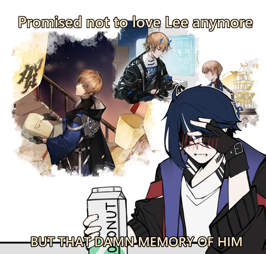 2boys blush commandant_(pgr) dochikun drink highres image_sample lee:_entropy_(pgr) lee_(pgr) multiple_boys pixiv_sample punishing:_gray_raven white_background yaoi