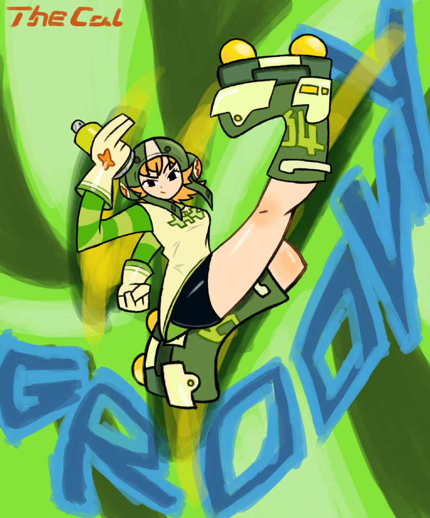 absurdres black_shorts blonde_hair english_text green_background green_footwear green_skirt gum_(jsr) highres jet_set_radio kicking looking_at_viewer sega shorts simple_background skirt spray_can the_cal