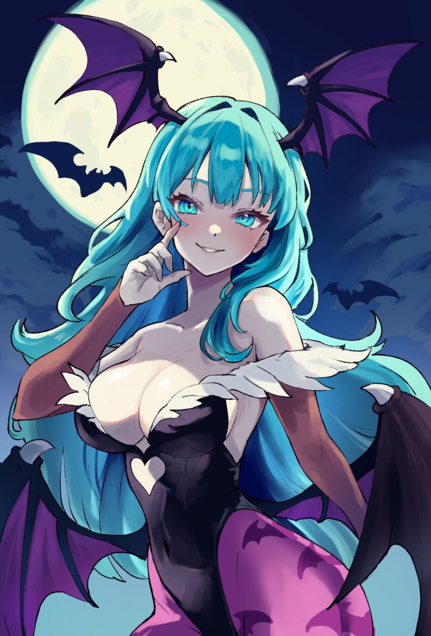 1girl adjusting_hair animal_print aqua_eyes aqua_hair backless_outfit bare_shoulders bat_(animal) bat_print bat_wings black_leotard blush breasts bridal_gauntlets capcom cleavage clothing_cutout collarbone covered_navel cowboy_shot demon_girl elbow_gloves fur-trimmed_leotard fur_trim gloves green_eyes green_hair grin hair_over_shoulder head_wings heart_cutout highres large_breasts leotard long_hair looking_at_viewer low_wings moon morrigan_aensland night night_sky outdoors pantyhose print_pantyhose purple_pantyhose purple_wings sky smile solo strapless strapless_leotard darkstalkers wide_hips wings y_uunaa