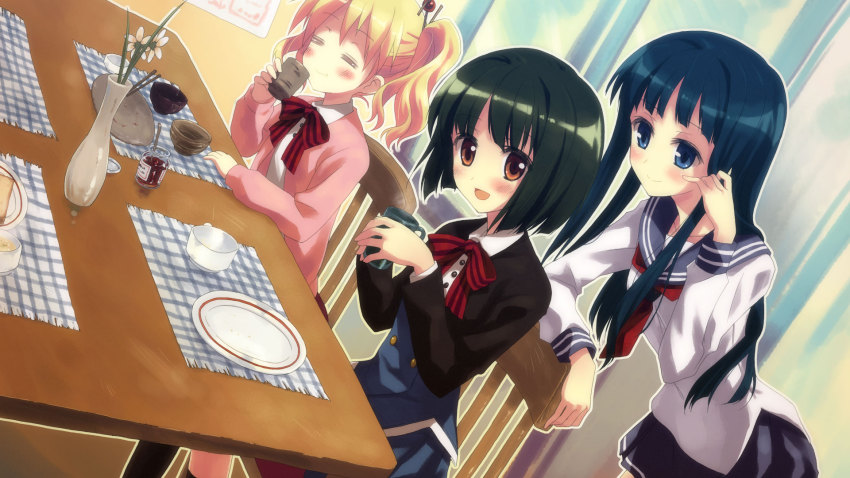 10s 3girls :d :t =_= alice_cartelet black_hair blonde_hair blue_eyes blue_hair blush bob_cut brown_eyes chair cup highres kin-iro_mosaic multiple_girls oomiya_isami oomiya_shinobu open_mouth plate school_uniform serafuku short_hair sitting smile table twintails vase yuuki_tatsuya