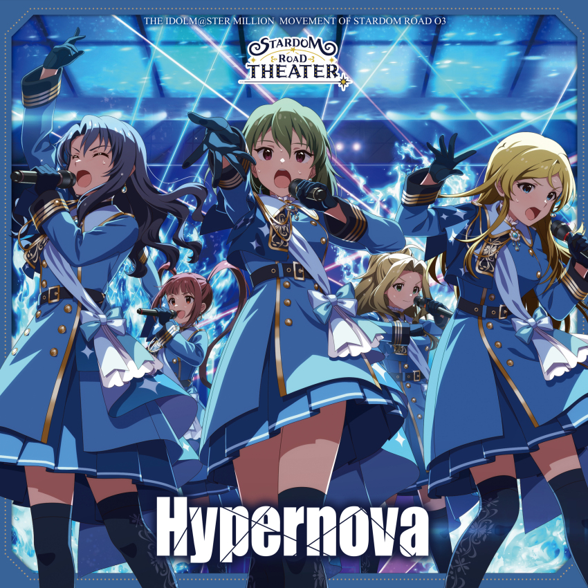 5girls album_cover belt black_hair blonde_hair blue_eyes bow brown_hair buttons closed_eyes cover dress earrings english_text forehead green_eyes green_hair holding holding_microphone idol idol_clothes idolmaster idolmaster_million_live! idolmaster_million_live!_theater_days jewelry matsuda_arisa microphone multiple_girls nagayoshi_subaru nikaido_chizuru official_art open_mouth red_eyes red_hair shinomiya_karen stage_lights takayama_sayoko thighhighs twintails