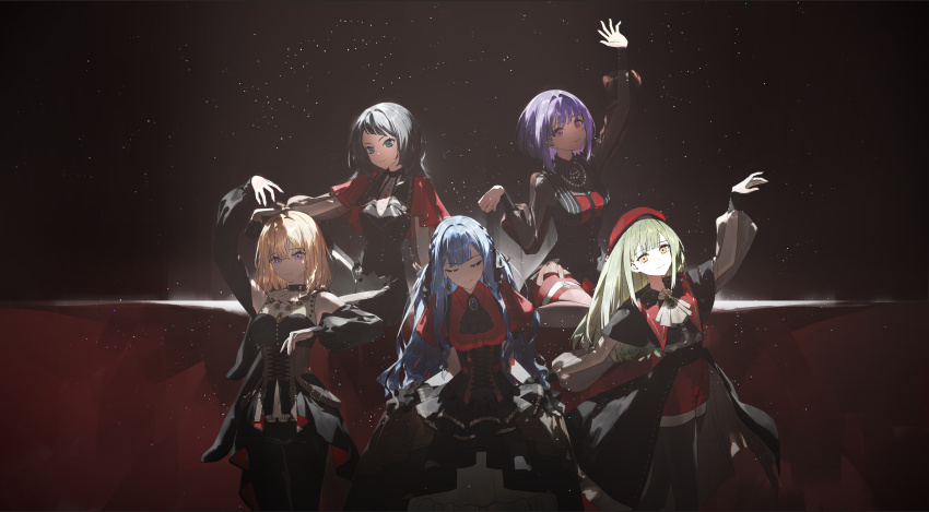 5girls absurdres amoris_(bang_dream!) arm_up ascot ave_mujica_(bang_dream!) bang_dream! bang_dream!_it&#039;s_mygo!!!!! beret black_ascot black_corset black_hair blonde_hair blue_brooch blue_hair brooch closed_mouth commentary_request corset dahan_jax doloris_(bang_dream!) dress facing_viewer green_brooch green_hair hat highres jewelry looking_at_viewer misumi_uika mortis_(bang_dream!) mortis_(costume)_(bang_dream!) multiple_girls necklace oblivionis_(bang_dream!) pearl_necklace pink_eyes purple_eyes purple_hair red_brooch red_hat skirt_hold timoris_(bang_dream!) togawa_sakiko wakaba_mutsumi white_ascot yahata_umiri yellow_eyes yuutenji_nyamu