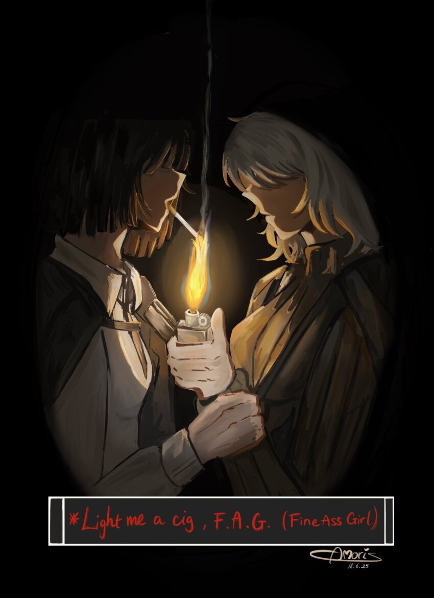 2girls black_background black_hair black_shirt black_suit breasts cigarette collared_shirt dialogue_box dim_lighting english_text faceless faust_(project_moon) fiowersoftime formal_clothes highres holding holding_lighter jacket jacket_on_shoulders lcb_uniform_(project_moon) lighter lighting_cigarette limbus_company looking_at_another multiple_girls open_mouth project_moon ryoshu_(project_moon) shirt smoke smoking suit upper_body white_hair white_shirt