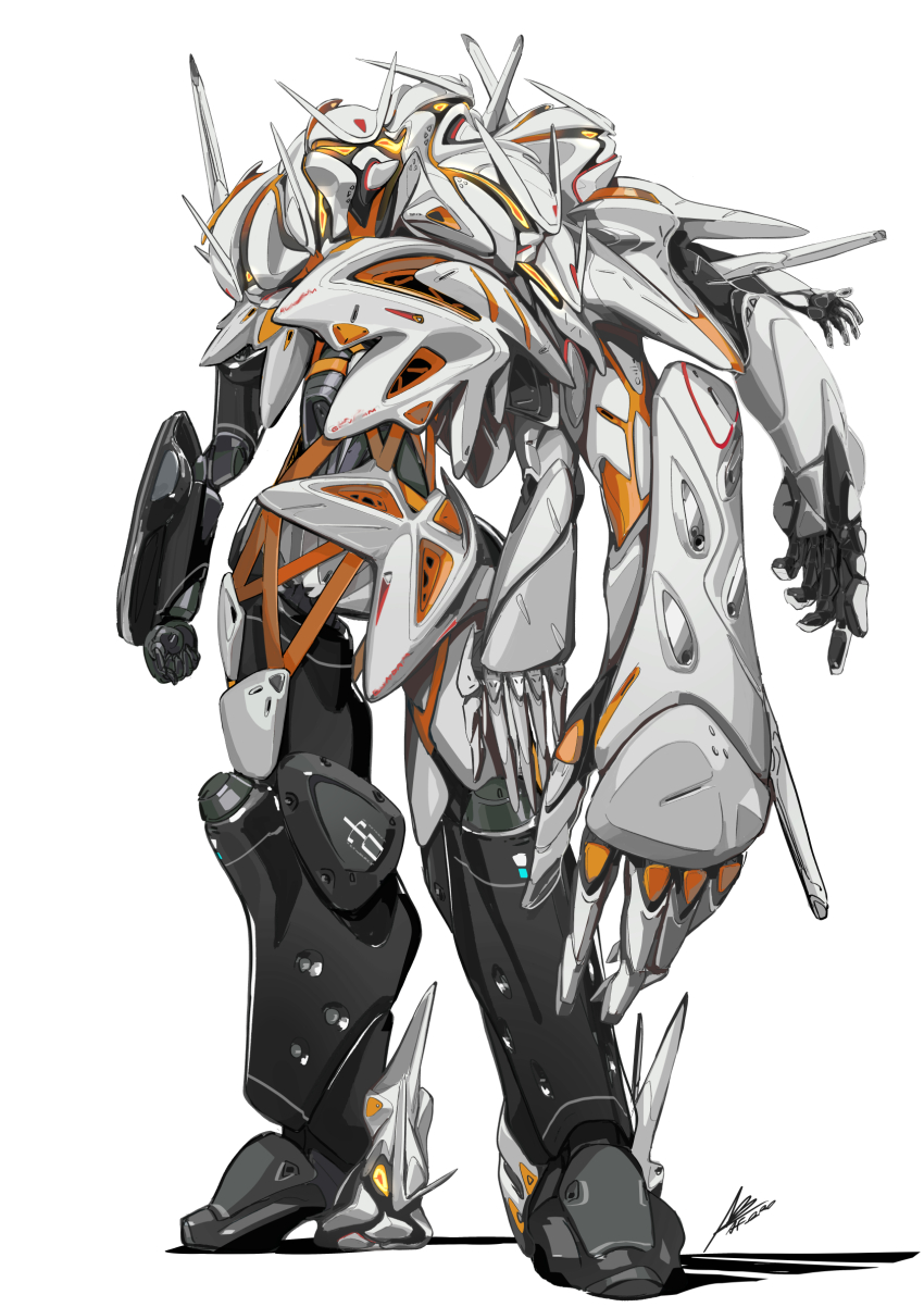 afukuro alternate_design armor asymmetrical_armor asymmetrical_arms asymmetrical_legs black_armor clenched_hand distortion extra_arms extra_eyes extra_faces glowing glowing_eyes gundam highres joints mecha mobile_suit multicolored_armor multiple_faces orange_armor piston robot robot_joints science_fiction shoulder_armor shoulder_fins simple_background strap white_armor white_background yellow_eyes