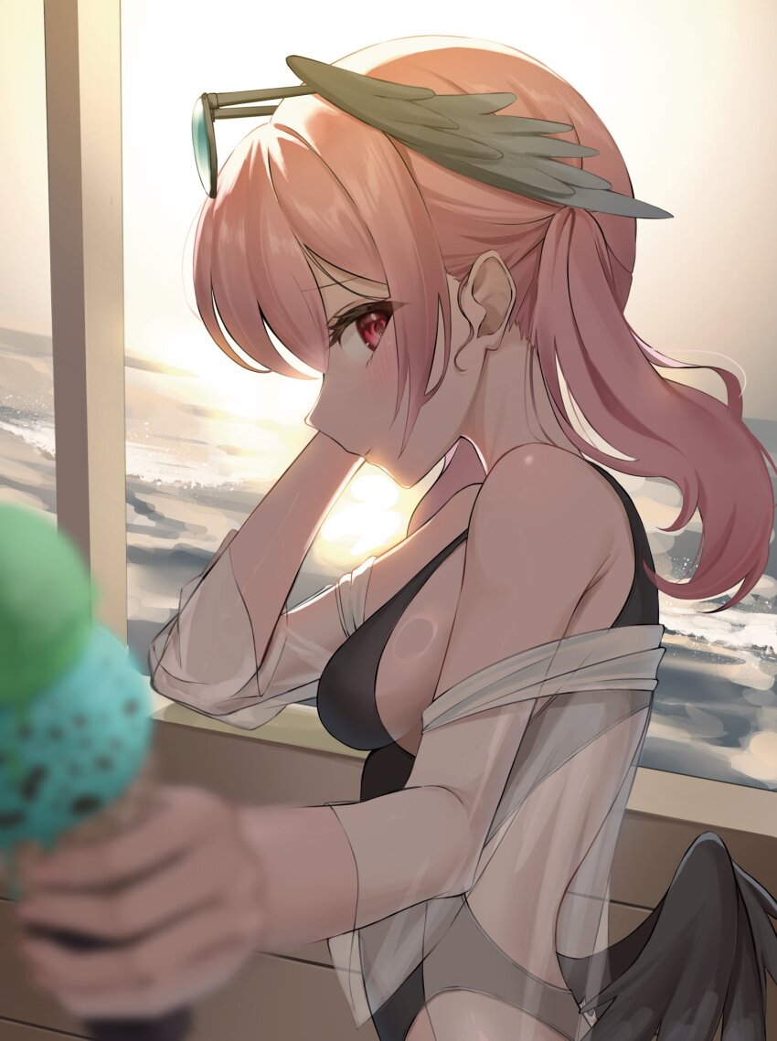 1girl alternate_costume armpit_crease backlighting bare_shoulders black_one-piece_swimsuit black_wings blue-tinted_eyewear blue_archive blurry blush breasts commentary depth_of_field eyelashes eyewear_on_head feathered_wings food from_side hair_between_eyes hand_up head_wings highres holding holding_food holding_ice_cream ice_cream incoming_food koharu_(blue_archive) long_hair low_wings medium_breasts no_headwear ocean one-piece_swimsuit outdoors pink_hair profile red_eyes red_hair sideboob solo sunglasses sunset swimsuit tinted_eyewear twintails upper_body wfa5051 wings