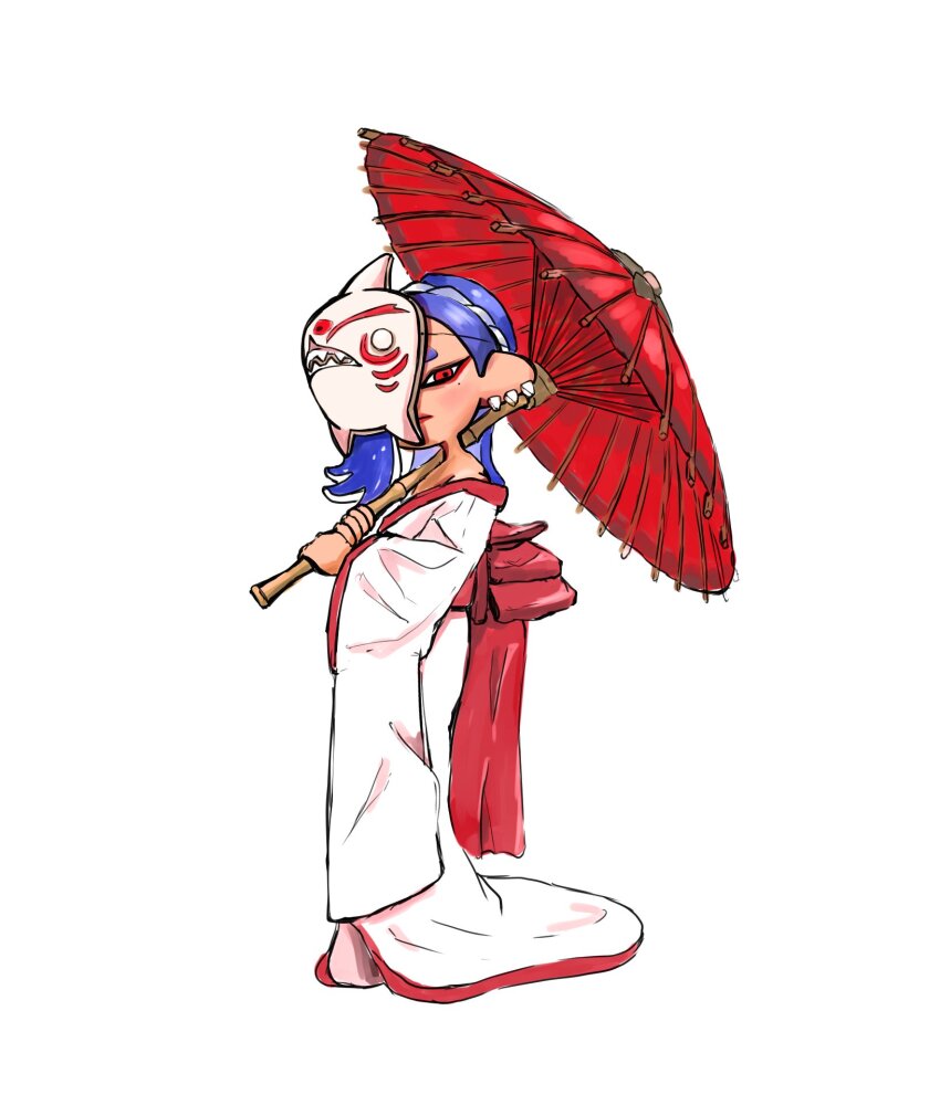 1girl alternate_costume blue_hair commentary_request earrings full_body hairband highres holding holding_umbrella japanese_clothes jewelry long_hair looking_at_viewer mask moromi_(kscd4482) multiple_earrings nintendo octoling oil-paper_umbrella red_eyes red_trim shiver_(splatoon) simple_background solo splatoon_(series) standing tentacle_hair tooth_earrings umbrella white_background white_hairband