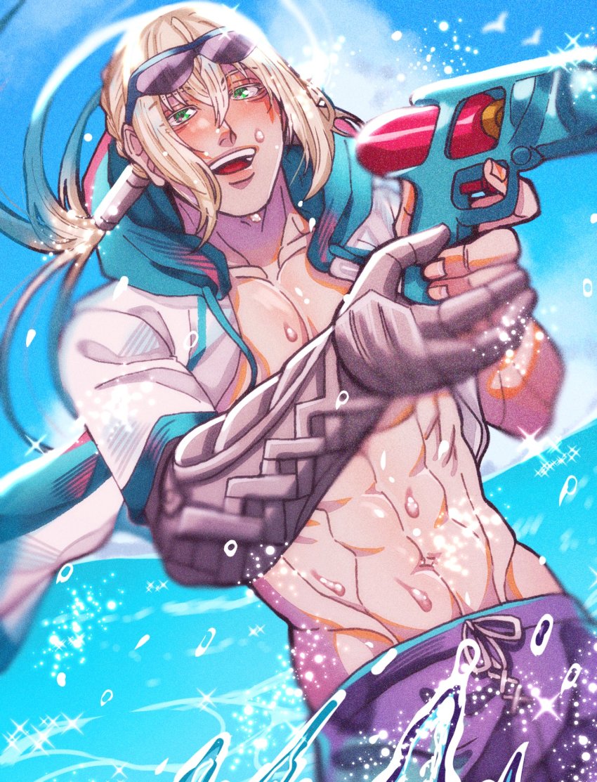 1boy :d abs airgetlam_(fate) bedivere_(fate) bedivere_(servant_summer_festival!_2018_swimsuit)_(fate) blonde_hair braid day eyewear_on_head fate/grand_order fate_(series) green_eyes hair_between_eyes hair_tubes highres holding holding_water_gun hood hood_down hoodie kojiro_0408 long_hair looking_at_viewer low_twintails male_focus male_swimwear no_shirt ocean official_alternate_costume open_clothes open_hoodie open_mouth purple_male_swimwear purple_swim_trunks short_sleeves smile solo sunglasses swim_trunks swimsuit teeth toned toned_male twintails upper_body upper_teeth_only water_gun wet white_hoodie
