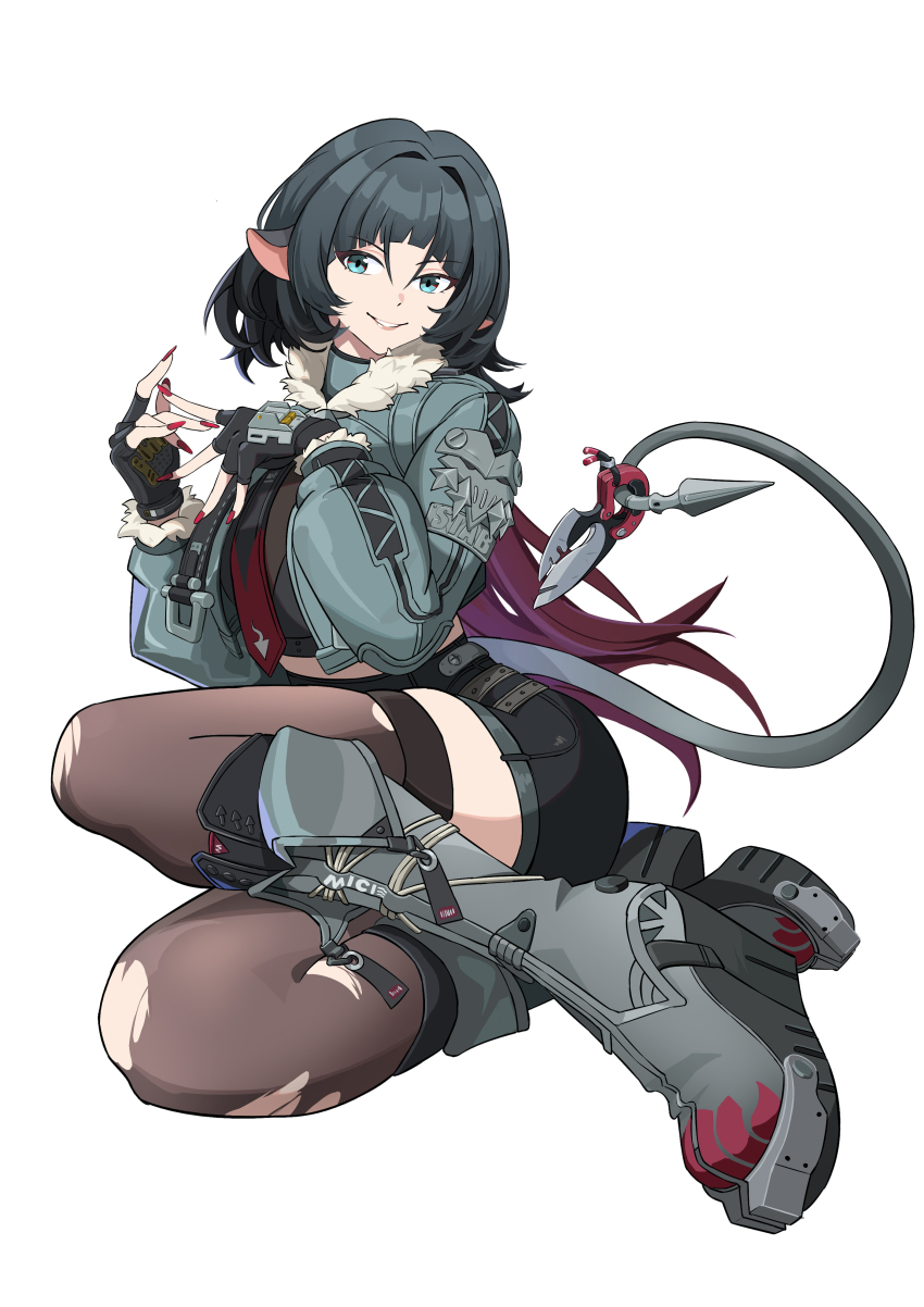 1girl absurdres animal_ears black_gloves black_hair black_shorts boots fingerless_gloves fur-trimmed_jacket fur_trim gloves green_boots green_eyes green_jacket high-waist_shorts highres jacket jane_doe_(zenless_zone_zero) long_hair looking_at_viewer mouse_ears mouse_girl mouse_tail multicolored_hair necktie red_nails sharp_tail shorts smile tail thighhighs tianziyihao_xiaohuangya torn_clothes torn_thighhighs two-tone_hair two-tone_necktie white_background zenless_zone_zero