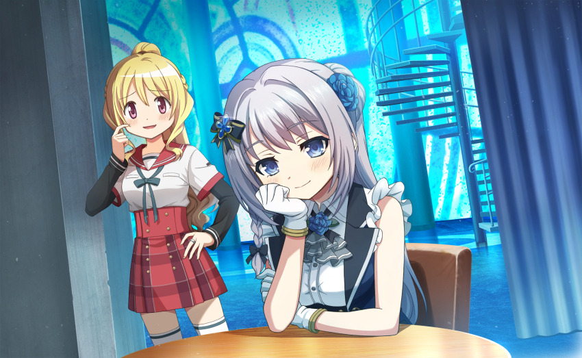 2girls arm_on_table artist_request ascot bare_arms bare_shoulders black_bow black_bowtie black_corset black_sleeves black_vest blonde_hair blue_bow blue_bowtie blue_eyes blue_flower blue_gemstone blue_rose bow bowtie braid breast_pocket buttons closed_mouth collared_vest corset cowboy_shot cross_hair_ornament curtains day dot_nose dress_shirt elbow_on_table eyelashes flower flower_brooch frilled_shirt frills game_cg gem gleam gloves grey_ascot grey_hair grey_scrunchie hair_between_eyes hair_bow hair_bun hair_flower hair_intakes hair_ornament hair_scrunchie half_up_braid hand_on_own_arm hand_on_own_cheek hand_on_own_face hand_on_own_hip happy high-waist_skirt high_ponytail highres indoors jewelry kamihama_university_affiliated_school_uniform lapels layered_sleeves light_blush light_particles long_hair long_sleeves magia_record:_mahou_shoujo_madoka_magica_gaiden magical_girl mahou_shoujo_madoka_magica mahou_shoujo_madoka_magica_magia_exedra miniskirt multiple_girls nervous nervous_smile notched_lapels official_art on_chair open_clothes open_vest pink_eyes plaid_clothes plaid_skirt pleated_skirt pocket ponytail raised_inner_eyebrows red_sailor_collar red_skirt ring rose sailor_collar school_uniform scratching_cheek scrunchie shirt short_over_long_sleeves short_sleeves single_side_bun sitting skirt sleeveless sleeveless_shirt sleeves_past_wrists smile spiral_staircase stained_glass stairs tareme thighhighs third-party_source togame_momoko tsurime vest wavy_hair white_gloves white_shirt white_thighhighs yakumo_mitama zettai_ryouiki
