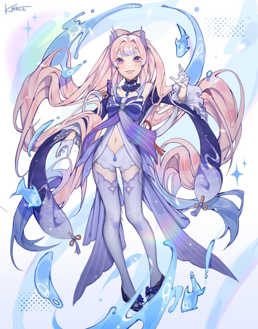 1girl blue_bow blue_dress blue_eyes blue_shoes bow bow-shaped_hair chest_bow commentary dress fish footwear_bow full_body genshin_impact gloves half_gloves highres kwnce long_hair navel pink_hair ponytail sangonomiya_kokomi shoes shorts signature solo thighhighs very_long_hair water white_gloves white_shorts white_thighhighs