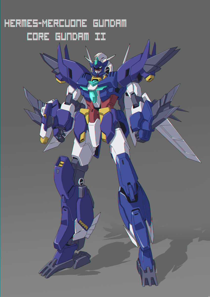 absurdres aqua_eyes character_name chinese_commentary clenched_hands clotho_matcha commentary english_commentary grey_background gundam gundam_build_divers gundam_build_divers_re:rise gunpla highres mecha mercuone_gundam mixed-language_commentary model_kit no_humans original redesign robot solo standing v-fin