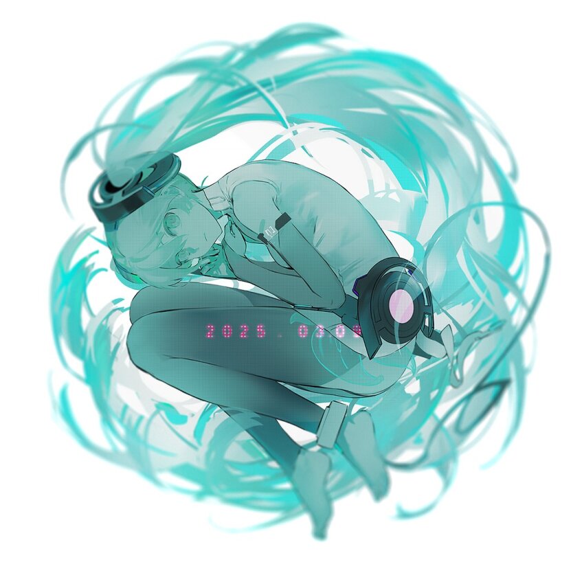 1girl 2025 aqua_eyes aqua_hair barefoot feet hatsune_miku hatsune_miku_(append) long_hair solo twintails vocaloid vocaloid_append white_background yyb
