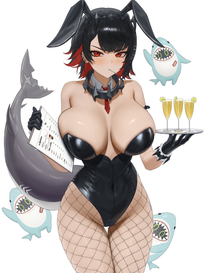 1girl absurdres alternate_costume animal_ear_hairband animal_ears arm_strap bare_shoulders black_gloves black_hair black_leotard blush breasts breasts_apart candy collar colored_inner_hair covered_navel cup detached_collar drinking_glass earclip ellen_joe fake_animal_ears fins fish_tail fishnet_pantyhose fishnets food frilled_wristband fruit gloves hair_ornament hairband hairclip heine_(haloo1101) highleg highleg_leotard highres holding holding_menu holding_tray large_breasts lemon lemon_slice leotard lollipop looking_at_viewer menu metal_collar metal_hairband mole mole_under_eye multicolored_hair necktie pantyhose playboy_bunny rabbit_ear_hairband rabbit_ears red_eyes red_hair red_necktie scar scar_on_tail shark_girl shark_tail sharkboo_(zenless_zone_zero) short_hair short_necktie simple_background solo spiked_headband strapless strapless_leotard tail thigh_gap thighs tray white_background x_hair_ornament zenless_zone_zero