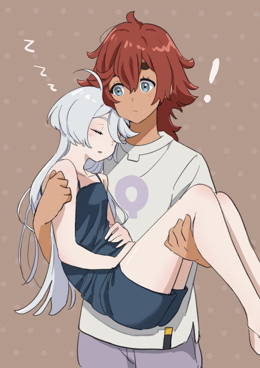 ! 2girls ahoge aqua_jacket blue_camisole blue_eyes blush camisole carrying carrying_person closed_eyes closed_mouth dark-skinned_female dark_skin grey_eyebrows grey_hair gundam gundam_suisei_no_majo hair_between_eyes highres holding jacket long_hair miorine_rembran multiple_girls open_mouth pink_shorts polka_dot polka_dot_background princess_carry red_hair shirt short_sleeves shorts sleeping suletta_mercury thick_eyebrows umm2228p yuri zzz