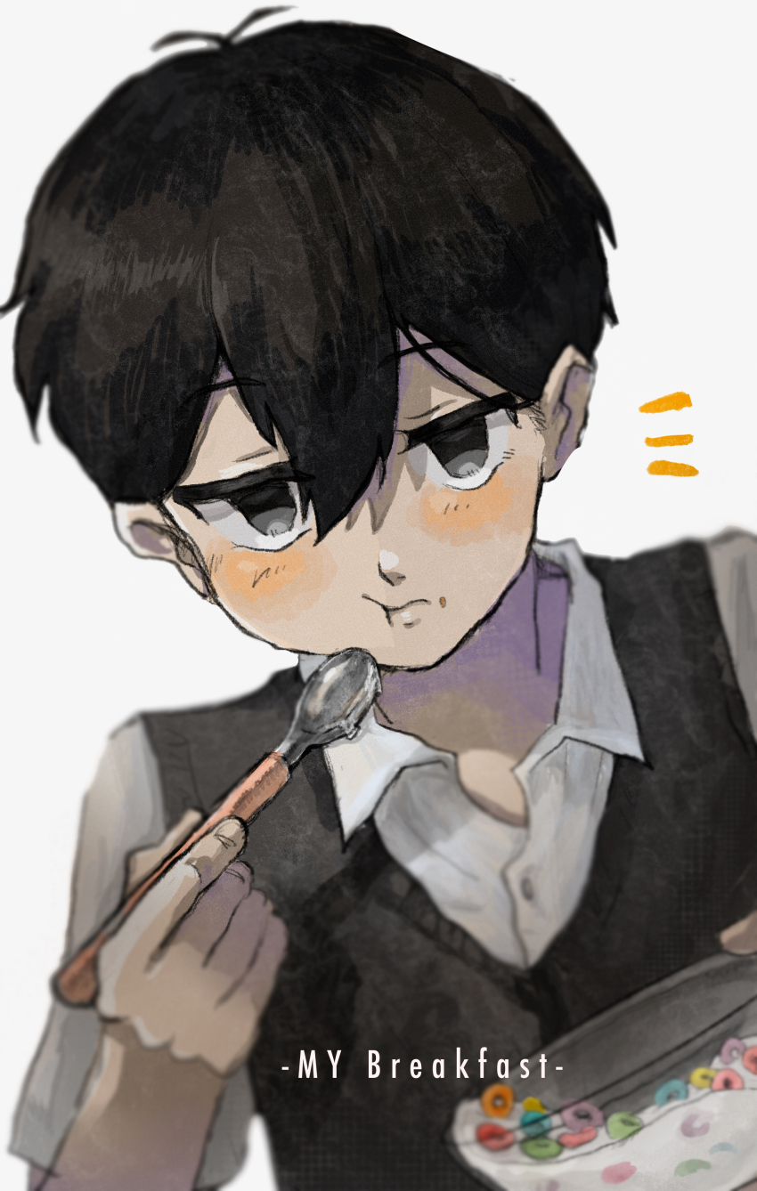 1boy absurdres antenna_hair black_eyes black_hair black_sweater_vest cereal closed_mouth collared_shirt double-parted_bangs highres holding holding_spoon looking_at_viewer male_focus milk nat_omogu omori shirt short_hair short_sleeves solo spoon sunny_(omori) sweater_vest upper_body white_shirt