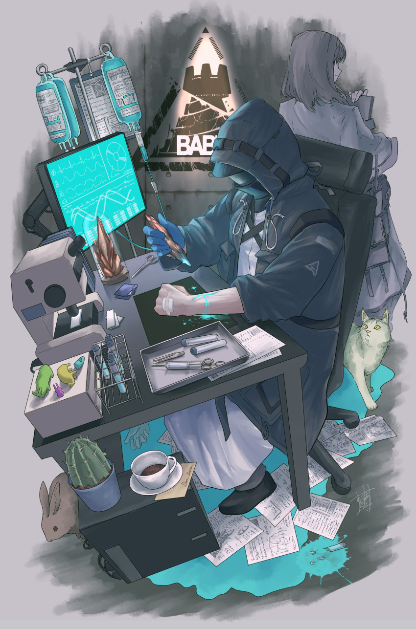 1girl 1other absurdres animal aqua_blood arknights black_jacket blood blue_gloves broken brown_rabbit cactus cat chair coffee commentary commentary_request cup doctor_(arknights) drink english_commentary gauze gauze_on_hand gloves highres holding hood hood_up hooded_jacket injury intravenous_drip iv_stand jacket long_sleeves microscope mixed-language_commentary on_chair paper partial_commentary plant potted_plant priestess_(arknights) rabbit rhodes_island_logo_(arknights) scissors self-harm shao_(newton) single_glove sitting syringe teacup vial