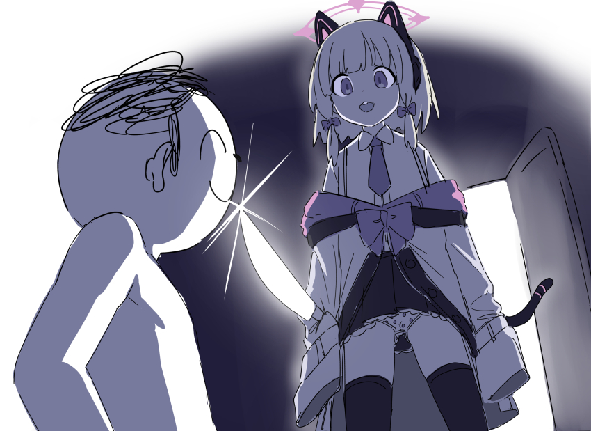 1boy 1girl aak absurdres animal_ear_headphones animal_ears azumanga_daiou black_skirt black_thighhighs blue_archive bow closed_eyes closed_mouth collared_shirt death_momoi_(meme) doodle_sensei_(blue_archive) dress_shirt fake_animal_ears glint hair_bow halo headphones highres holding holding_knife jacket knife long_sleeves meme momoi_(blue_archive) necktie off_shoulder open_mouth panties pleated_skirt polka_dot polka_dot_panties profile purple_necktie scene_reference sensei_(blue_archive) shirt sidelocks skirt sleeves_past_fingers sleeves_past_wrists smile standing tail thighhighs underwear white_jacket white_shirt