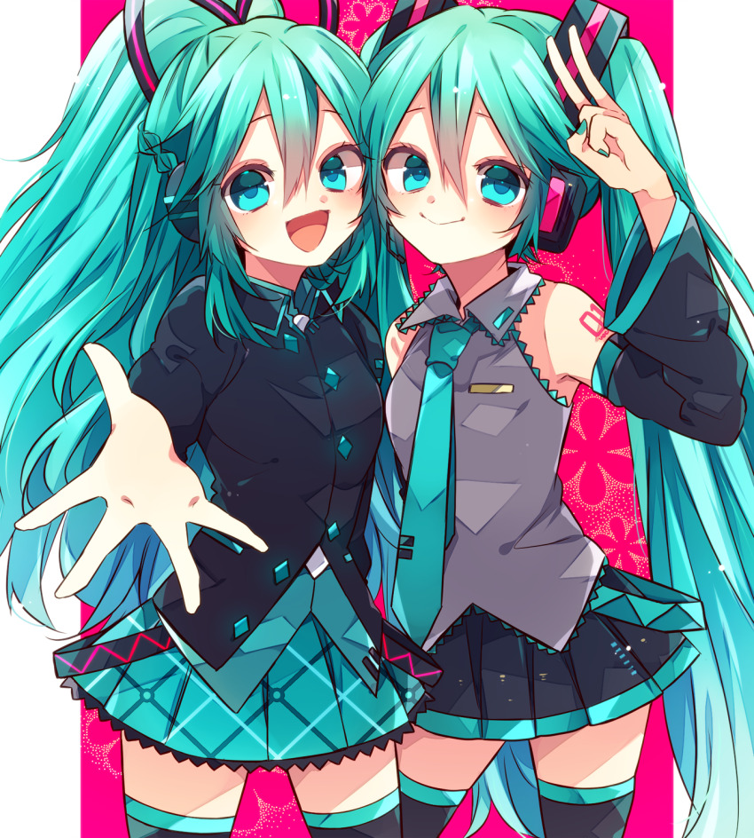 2girls blue_eyes blue_hair collared_shirt commentary_request cowboy_shot detached_sleeves dual_persona hair_ornament hand_up hatsune_miku hatsune_miku_(if) headphones highres jacket kaho_0102 long_hair long_sleeves looking_at_viewer multiple_girls nail_polish necktie open_mouth plaid_clothes plaid_skirt pleated_skirt ponytail reaching reaching_towards_viewer shirt skirt sleeveless sleeveless_shirt smile thighhighs twintails v very_long_hair vocaloid