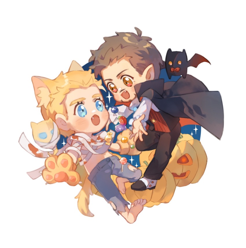 2boys animal_ear_fluff animal_ears animal_hands animification avengers_(series) bandages barefoot bat_wings black_cloak black_pants black_shoes blonde_hair blue_background blue_eyes blush border brown_eyes brown_hair buttons candy cat_ears cat_tail chibi cloak commentary english_commentary facial_hair fake_animal_ears fake_tail fang food full_body grey_pants halloween halloween_costume highres long_sleeves looking_at_another male_focus marvel marvel_cinematic_universe multiple_boys open_mouth outside_border pants puffy_long_sleeves puffy_sleeves pumpkin red_cloak red_vest shirt shoes short_hair smile sparkle steve_rogers striped_clothes striped_vest tail tony_stark torn_clothes torn_pants two-sided_cloak two-sided_fabric vertical-striped_clothes vertical-striped_vest vest white_border white_shirt wings yizilu699