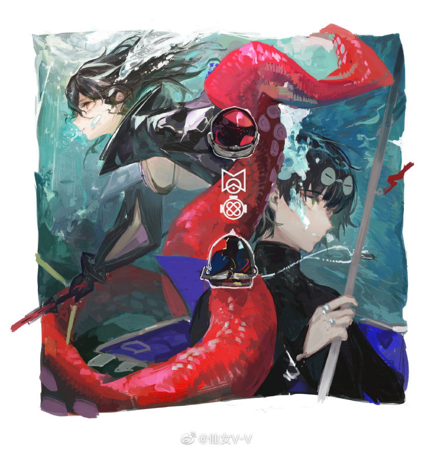 1boy 1girl air_bubble bikini black_hair black_shirt breasts bubble chinese_commentary commentary_request diving_helmet diving_suit dog_tags dry_suit eyewear_on_head girls&#039;_frontline girls&#039;_frontline_neural_cloud hatsuchiri_(neural_cloud) helmet jewelry necklace pipidan polearm red_eyes ring shirt sideboob sueyoi_(neural_cloud) swimsuit tentacles underwater water watermark weapon weibo_watermark