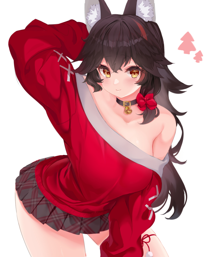 1girl absurdres alternate_costume animal_collar animal_ear_fluff animal_ears arm_behind_head arm_up bell black_collar black_hair bow breasts closed_mouth collar commentary double-parted_bangs flipped_hair hair_bow highres hololive large_breasts long_hair looking_at_viewer miniskirt multicolored_hair neck_bell ookami_mio pleated_skirt red_hair red_sweater sidelocks simple_background single_bare_shoulder single_off_shoulder skirt smile solo spiked_hair streaked_hair sweater symbol-only_commentary virtual_youtuber white_background wolf_ears wolf_girl xiaodong327399 yellow_eyes