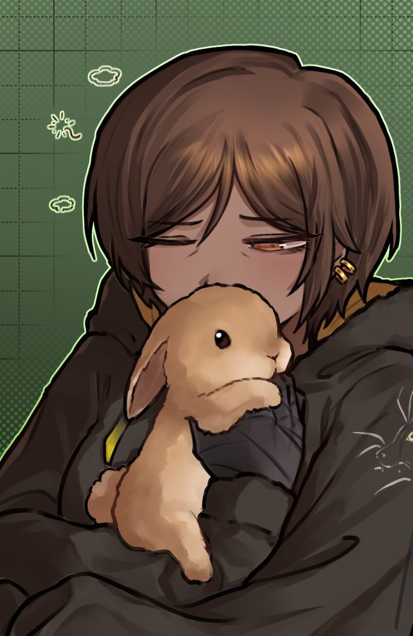 1girl animal animal_ears black_hoodie breasts brown_eyes brown_fur brown_hair checkered_background commentary_request covered_mouth dark-skinned_female dark_skin earrings gold_earrings green_background hair_between_eyes half-closed_eye highres holding holding_animal hood hoodie jewelry jjong_(7_jjong_9) korean_commentary limbus_company long_sleeves looking_at_animal medium_breasts one_eye_closed outis_(project_moon) project_moon puffy_long_sleeves puffy_sleeves rabbit rabbit_ears rabbit_tail short_hair tail two-sided_hoodie upper_body yellow_hoodie