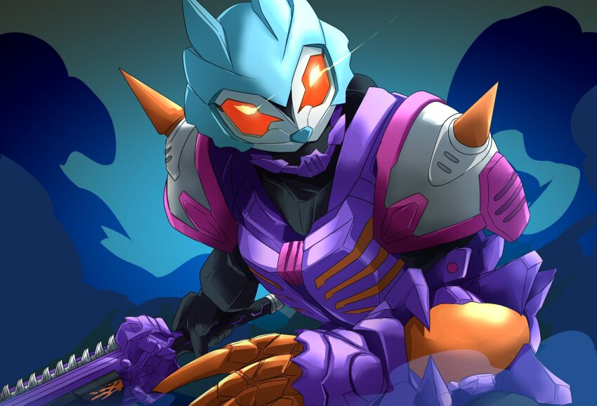 1girl animal_ears armor armored_gloves black_bodysuit black_gloves bodysuit chainsaw claw_(weapon) glaring gloves highres holding holding_weapon kamen_rider kamen_rider_geats_(series) kamen_rider_lopo looking_at_viewer miyabi_(037) orange_eyes purple_armor shoulder_spikes smoke spikes weapon wolf wolf_ears zombie zombie_breaker
