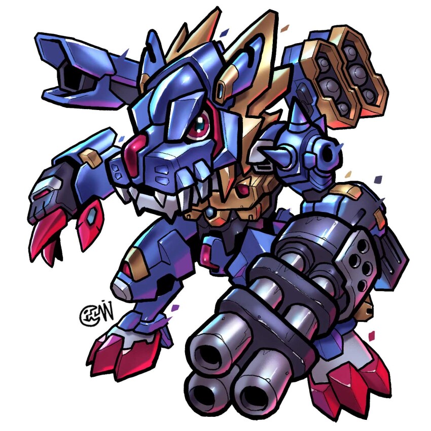 arm_cannon armor artist_logo blue_armor commission cwdw cyborg digimon digimon_(creature) gatling_gun highres logo looking_at_viewer metalgarurumon metalgarurumon_x-antibody red_eyes sharp_teeth shoulder_cannon simple_background solo teeth weapon white_background wolf