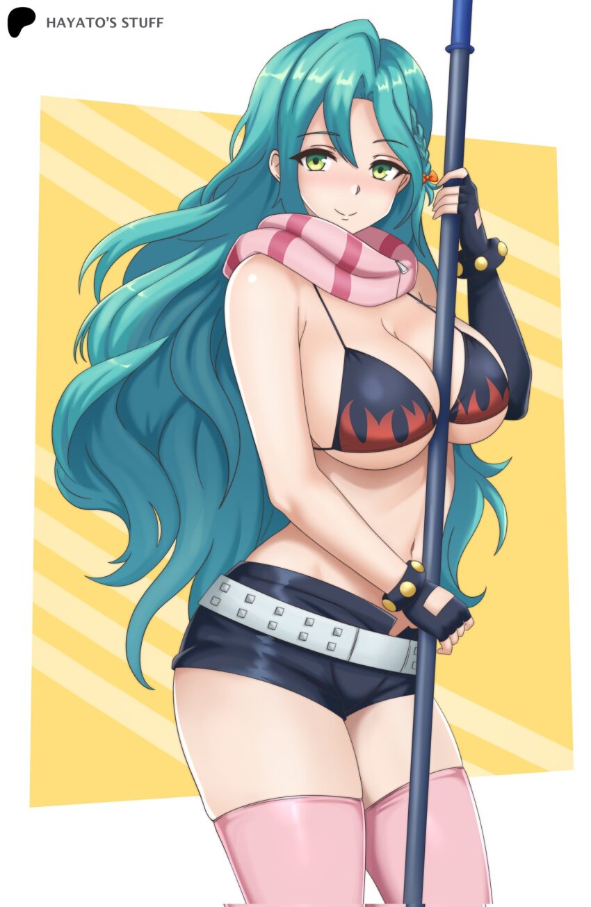 1girl breasts chloe_(fire_emblem) corrupted_twitter_file cosplay fire_emblem green_hair highres large_breasts nintendo tengen_toppa_gurren_lagann yoko_littner_(cosplay)