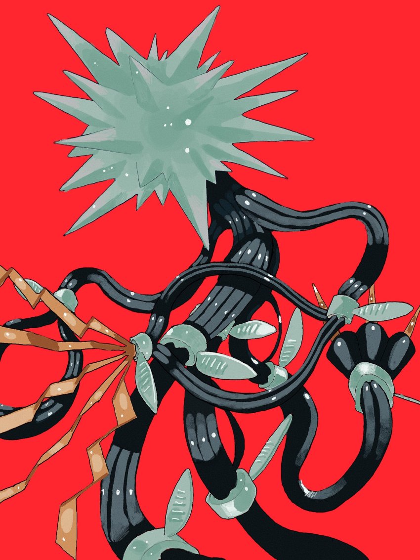 cable claws commentary_request gen_7_pokemon gogot highres looking_down nintendo no_humans pokemon pokemon_(creature) red_background simple_background solo spikes ultra_beast xurkitree