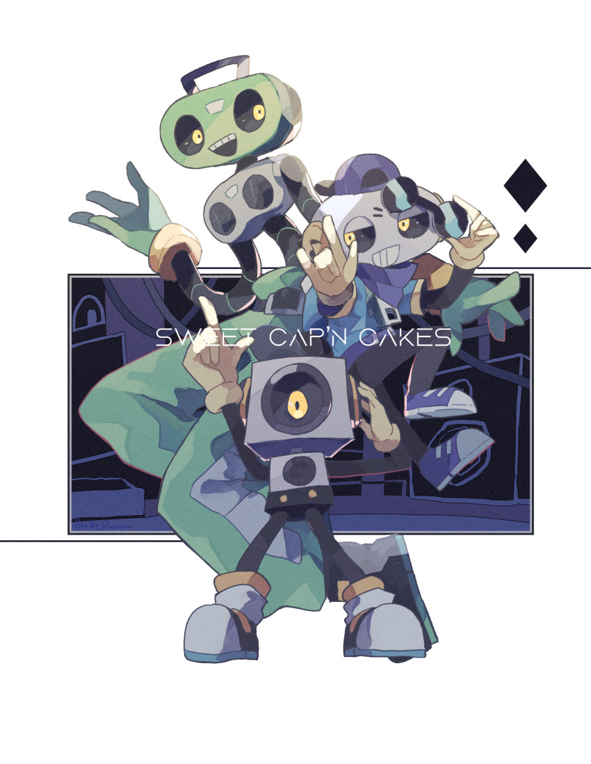 3boys :d \m/ backwards_hat baseball_cap belt black_belt black_footwear black_hat black_pants blue_jacket cap&#039;n_(deltarune) cassette_player cd_player character_name deltarune full_body gloves green_gloves green_pants hat highres holding holding_removed_eyewear hood hood_down hooded_jacket humanoid_robot jacket k_k_(deltarune) male_focus mechanical_arms multiple_boys object_head open_mouth pants purple_bandana purple_belt purple_footwear purple_hat robot ruannu smile socks speaker standing sunglasses sweet_(deltarune) teeth unworn_eyewear upper_teeth_only white_socks yellow_eyes yellow_gloves