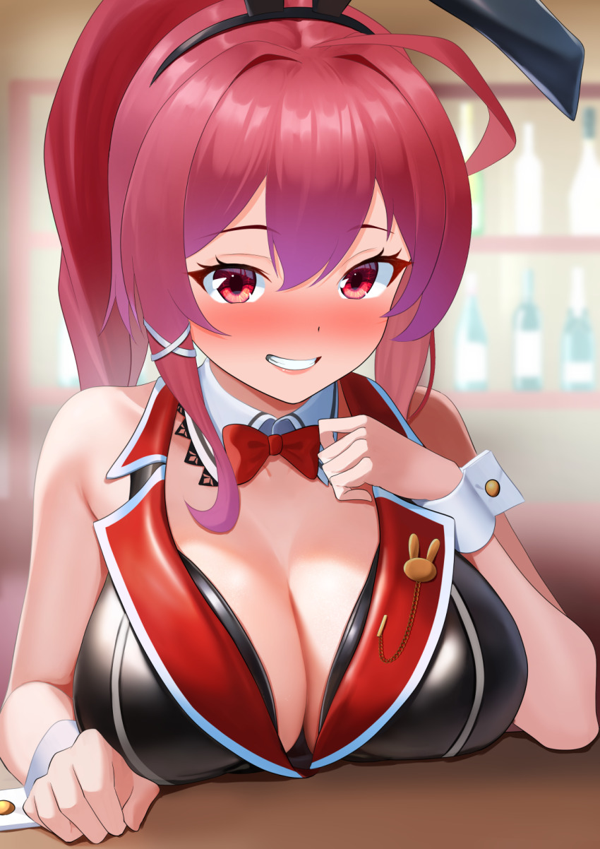 1girl animal_ears black_vest blurry blurry_background blush bow bowtie breasts bunny_garden buttons cleavage collared_vest cosplay dorachan_r double-breasted fake_animal_ears hair_ribbon highres hostess i-168_(kancolle) indoors kana_(bunny_garden) kana_(bunny_garden)_(cosplay) kantai_collection large_breasts leotard long_hair looking_at_viewer nontraditional_playboy_bunny nose_blush playboy_bunny ponytail rabbit_ears red_bow red_bowtie red_eyes red_hair ribbon school_uniform serafuku sidelocks solo upper_body very_long_hair vest wrist_cuffs
