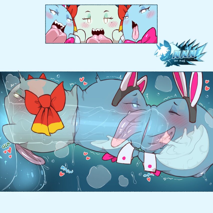 1boy 3girls all_the_way_through animal_ears ass-to-ass bisexual_female blue_skin blush_stickers bow bow_(paper_mario) coldbloodedtwilight colored_skin commentary cooperative_fellatio cum cum_in_mouth deepthroat disembodied_penis ejaculation english_commentary erection eyeshadow fake_animal_ears fellatio french_kiss ghost glowing glowing_eyes group_sex hair_bow heart highres interspecies kiss lahla_(mario) large_penis large_testicles licking licking_testicle long_tongue makeup mario_(series) multiple_girls nintendo no_nut_november no_pupils nontraditional_playboy_bunny oral orgy paper_mario paper_mario:_the_thousand_year_door paper_mario_64 peeka_(mario) penis rabbit_ears red_bow sharp_teeth teamwork_(sexual) teeth testicles tongue uncensored veins veiny_penis what wrist_cuffs x-ray