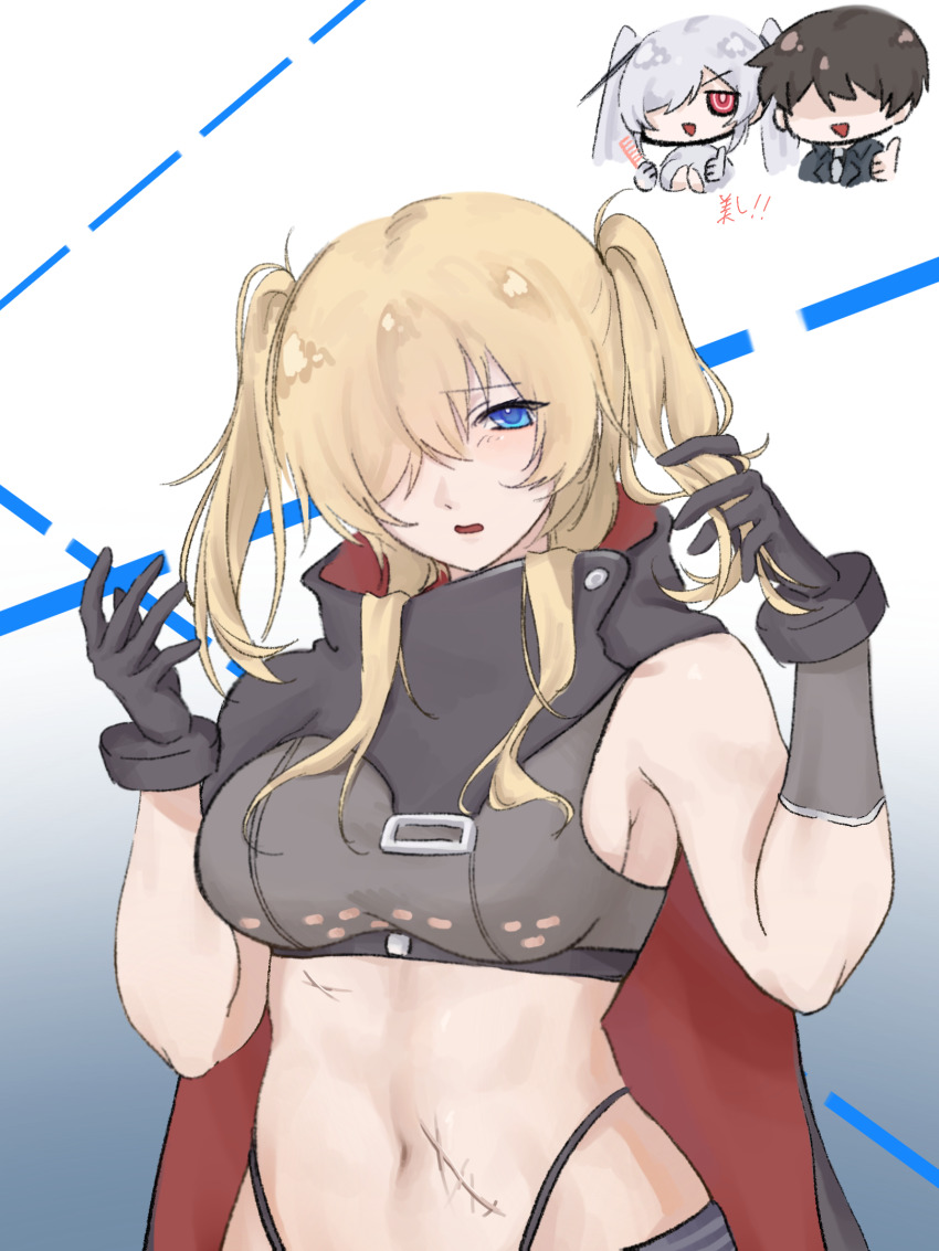 1boy 2girls alternate_hairstyle black_cloak black_gloves blonde_hair blue_eyes blush bodysuit breasts brown_hair cinderella_(nikke) cleavage cloak comb commander_(nikke) commentary_request crop_top cropped_shirt faceless faceless_male gloves goddess_of_victory:_nikke grave_(nikke) hair_between_eyes hair_over_one_eye highres holding holding_comb hood hood_down hooded_cloak large_breasts long_hair looking_at_viewer metal_gloves midriff multiple_girls multiple_scars navel no_mask open_mouth red_eyes scar scar_on_stomach see-through_bodysuit see-through_clothes shirt short_hair sidelocks single_bare_shoulder sleeveless sleeveless_shirt solo_focus standing thumbs_up twintails uko_tiao white_bodysuit white_hair