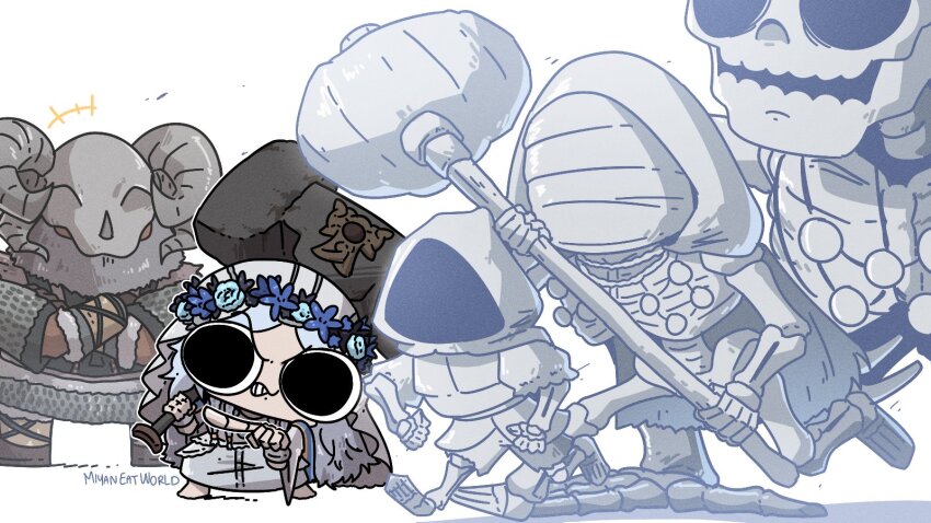 1boy 1girl blue_eyes bone braid chibi doll_joints dress elden_ring elden_ring_nightreign flower flower_wreath ghost hammer head_wreath highres jewelry joints long_hair low_twin_braids miyan_(oceanmaiden) raider_(elden_ring) revenant_(elden_ring) twin_braids veil weapon white_background white_dress white_hair white_veil