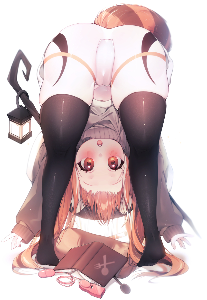 1girl animal_ears ass bent_over black_thighhighs book character_request copyright_request egg_vibrator fox_ears fox_girl fox_tail highres lantern long_hair open_mouth orange_eyes orange_hair sen_light sex_toy simple_background solo staff sweater tail teeth thighhighs thighs upper_teeth_only vibrator white_background