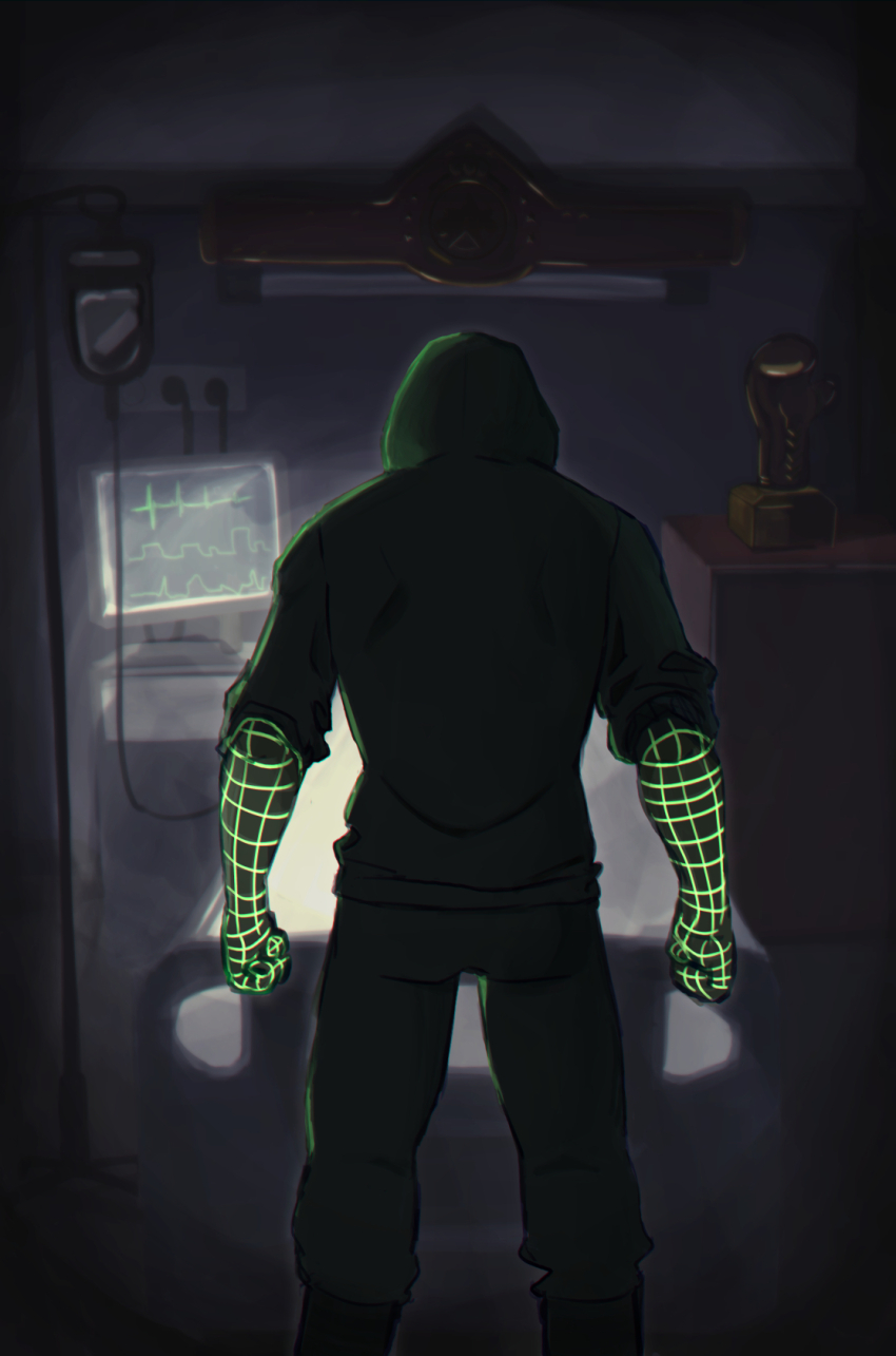 1boy bed belt cardiogram championship_belt from_behind hood hood_up hoodie hospital_bed indoors intravenous_drip little_mac nintendo punch-out!! solo the_orlgln trophy wireframe