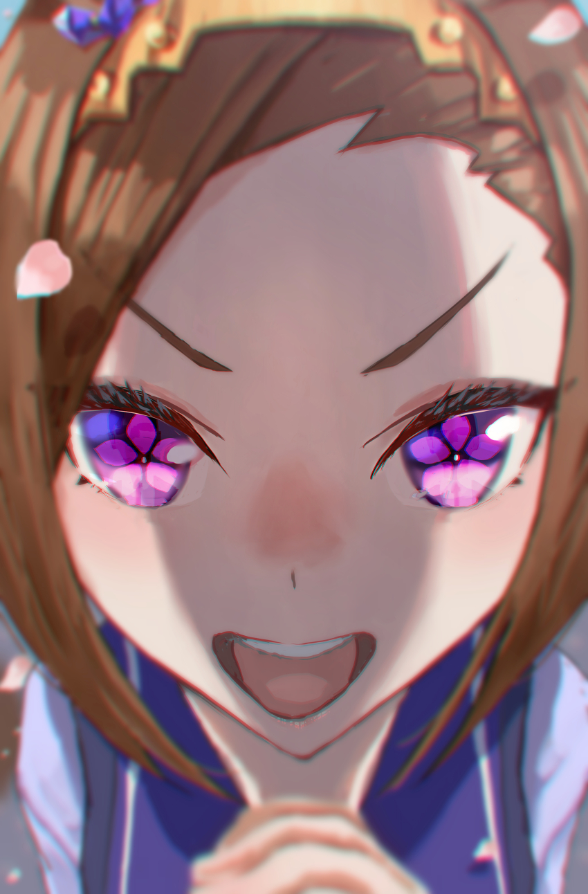 1girl :d absurdres brown_hair close-up flower_in_eye forehead hands_up highres interlocked_fingers long_hair looking_at_viewer no_uwazumi open_mouth own_hands_clasped own_hands_together petals portrait purple_eyes purple_sailor_collar purple_shirt sailor_collar sakura_bakushin_o_(umamusume) school_uniform shirt smile solo symbol_in_eye teeth tracen_school_uniform umamusume upper_teeth_only v-shaped_eyebrows
