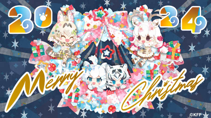 4girls animal_ears blue_eyes boots bow bowtie brown_eyes cat_ears cat_girl cat_tail christmas christmas_present coat deer_ears deer_girl deer_tail elbow_gloves extra_ears gift gloves grey_hair highres horns kemono_friends kikuchi_milo lion_ears lion_girl long_hair looking_at_viewer merry_christmas multiple_girls official_art ribbon shirt short_hair skirt sleeveless sleeveless_shirt star_(symbol) tail thighhighs tiger_ears tiger_girl white_hair white_lion_(kemono_friends) white_reindeer_(kemono_friends) white_serval_(kemono_friends) white_tiger_(kemono_friends)