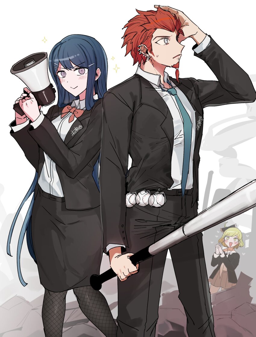 1boy 2girls :&gt; :d absurdres ahoge alternate_costume alternate_universe baseball baseball_bat black_bow black_jacket black_pantyhose black_skirt blonde_hair blue_hair blue_necktie blush bow bowtie closed_mouth collared_shirt commentary_request danganronpa:_trigger_happy_havoc danganronpa_(series) danganronpa_another_episode:_ultra_despair_girls ear_piercing eyelashes facial_hair fishnet_pantyhose fishnets formal_clothes goatee grey_eyes hair_bow hair_ornament hand_on_own_head highres holding holding_baseball_bat holding_megaphone jacket kuwata_leon long_hair maizono_sayaka megaphone mouth_piercing multiple_girls nakajima_kanon necktie open_clothes open_jacket open_mouth orange_hair own_hands_together pantyhose piercing purple_eyes purple_skirt red_bow red_bowtie shirt short_hair simple_background skirt smile sparkle standing suit sweatdrop white_background white_shirt yellow_eyes zhengyi_(yoyo96976212807)