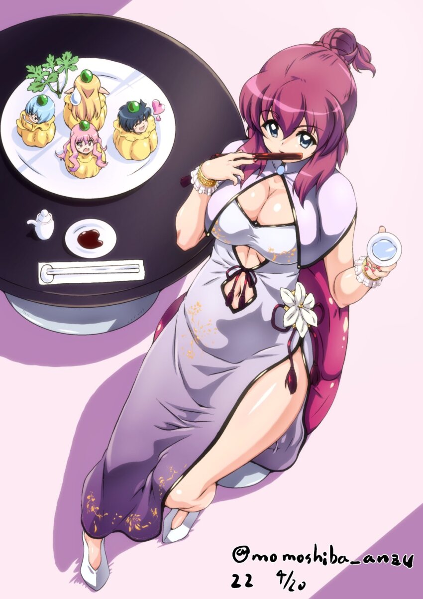 1girl blue_eyes breasts chibi china_dress chinese_clothes choko_(cup) cleavage covering_own_mouth cup dated dress dumpling flower folding_fan food hair_up hand_fan henrietta_de_tristain highres hiraga_saito holding holding_fan large_breasts legs louise_francoise_le_blanc_de_la_valliere nafta purple_hair saucer side_slit signature soy_sauce sweatdrop tabitha_(zero_no_tsukaima) tiffania_westwood white_flower white_footwear zero_no_tsukaima