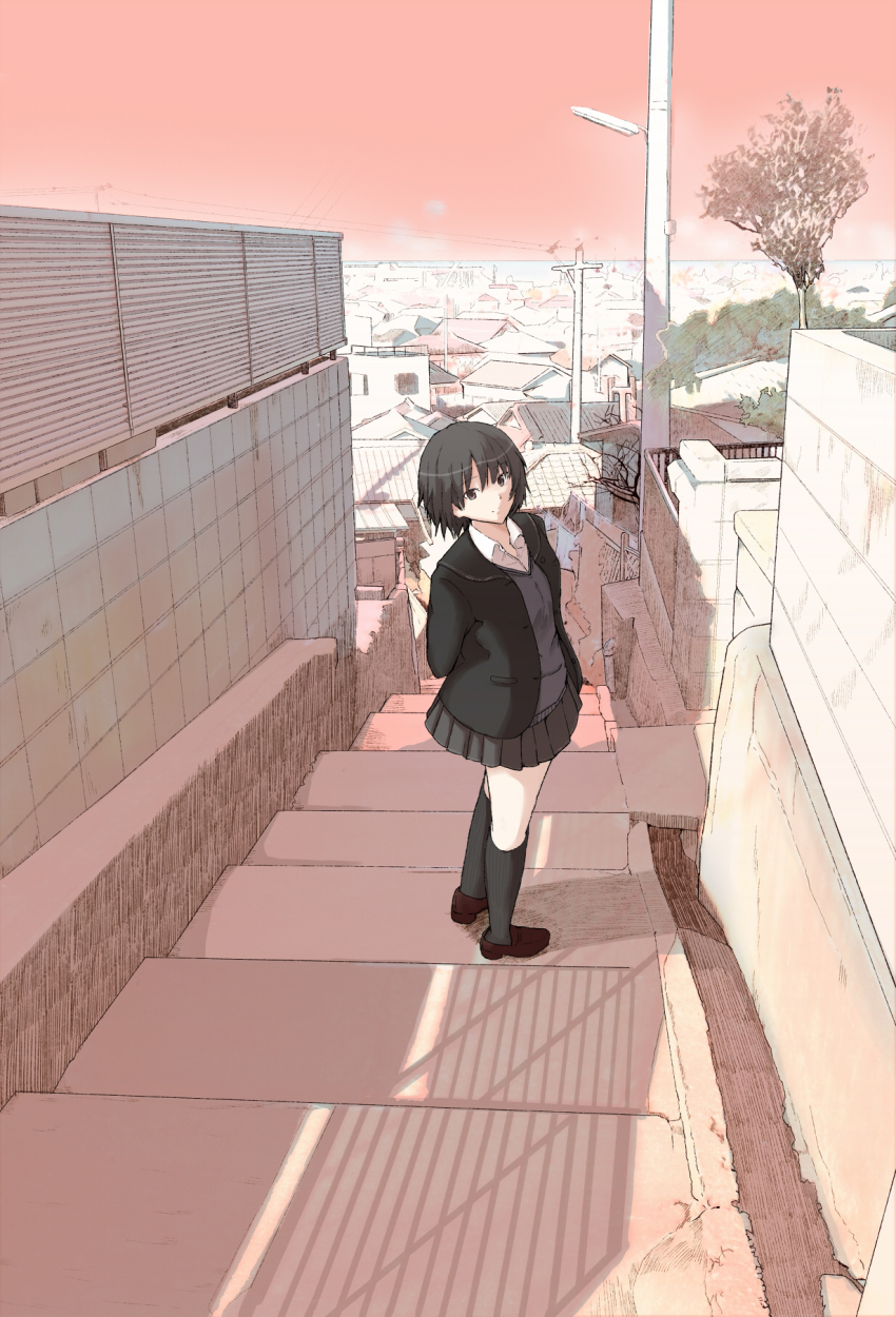 1girl amagami arms_behind_back black_footwear black_hair black_jacket black_skirt black_socks black_vest blazer bob_cut breasts brown_eyes building city closed_mouth collared_shirt commentary_request dress_shirt from_side full_body highres jacket kibito_high_school_uniform looking_at_viewer medium_breasts miniskirt nanasaki_ai open_clothes open_collar open_jacket outdoors pink_sky pleated_skirt saitou_shouki school_uniform shirt short_hair skirt sky smile socks stairs standing sweater_vest tree v-neck vest white_shirt