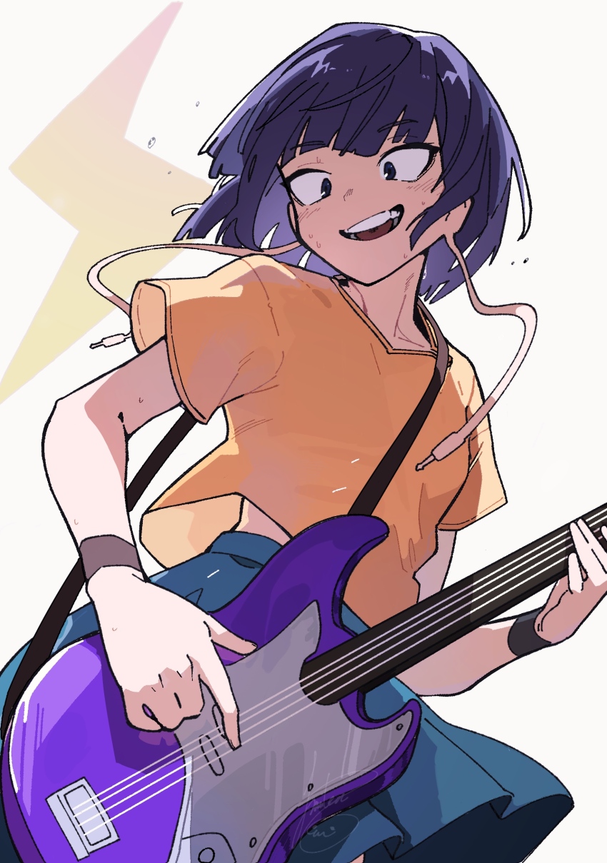 :d absurdres audio_jack blue_skirt bob_cut boku_no_hero_academia breasts casual cowboy_shot earplugs guitar hanten_(hantennano) highres holding holding_guitar holding_instrument instrument jiro_kyoka lightning_bolt_symbol long_earlobes midriff_peek open_mouth playing_guitar pleated_skirt purple_eyes purple_hair shirt short_hair simple_background skirt small_breasts smile t-shirt white_background wristband yellow_shirt