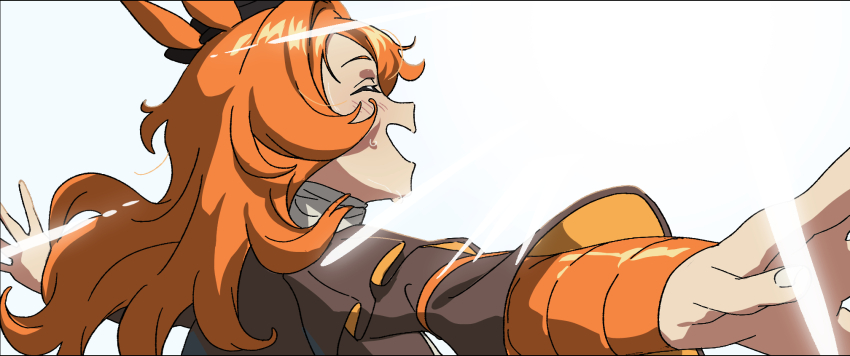 1girl :d ^_^ animal_ears brown_jacket closed_eyes commentary_request highres horse_ears horse_girl horse_race_tests jacket jovial_merryment long_hair meka_aoratos open_mouth orange_hair outstretched_arms simple_background smile solo upper_body wavy_hair white_background