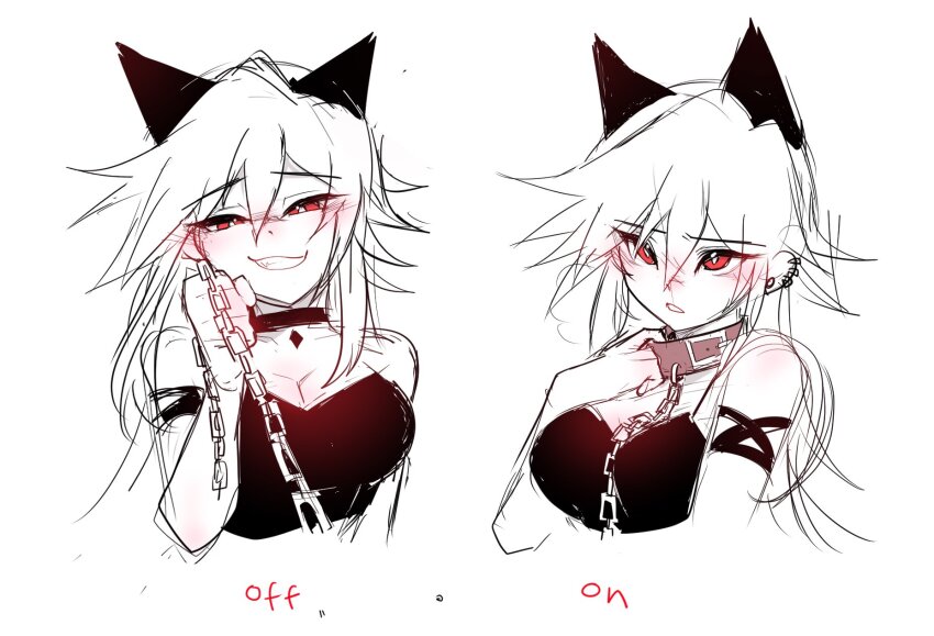 1girl animal_ears armlet chain collar crop_top cry_(crydiaa) crydiaa_(artist) earrings fang highres indie_virtual_youtuber jewelry leash long_hair original pointy_hair red_eyes sketch white_background wolf_ears