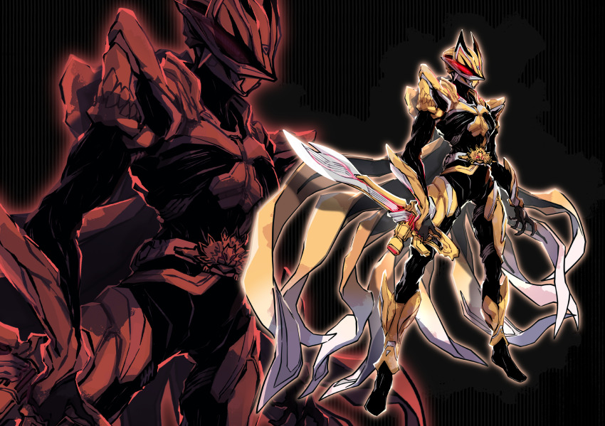 1boy absurdres armor dooms_geats_core_id full_armor full_body geats_buster_qb9 gold_armor highres holding holding_sword holding_weapon kamen_rider kamen_rider_dooms_geats kamen_rider_geats kamen_rider_geats:_jyamato_awaking kamen_rider_geats_(series) linnnoj sword tokusatsu weapon