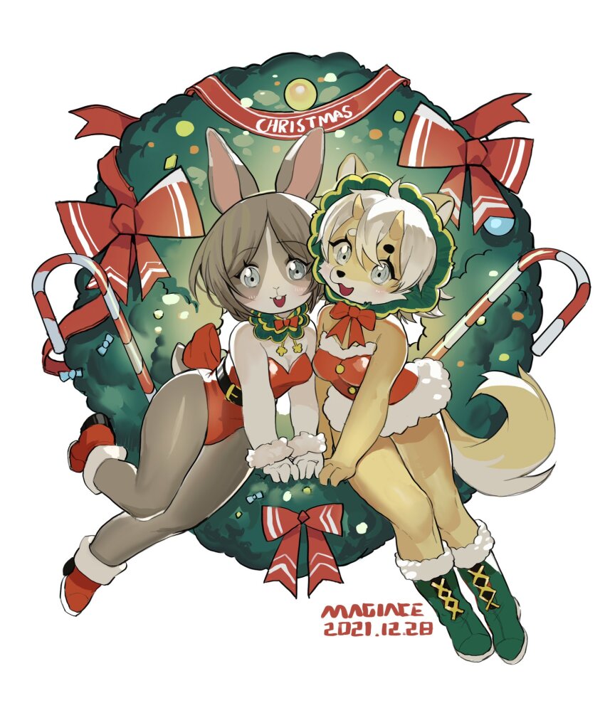 2girls :3 ahoge animal_ears animal_nose artist_name back_bow bare_shoulders belt blue_eyes blush bob_cut body_fur boots bow bowtie breasts buck_teeth buttons candy candy_cane christmas christmas_ornaments cleavage commentary dated dog_ears dog_girl dog_tail drawstring dress english_commentary female_focus food fur-trimmed_boots fur-trimmed_dress fur_trim furry furry_female green_boots grey_fur grey_hair hair_between_eyes happy highres horns knees_together_feet_apart lace-up_boots leaning_to_the_side legs_together leotard light_blush looking_at_viewer magiace multiple_girls open_mouth original own_hands_together parted_bangs rabbit_ears rabbit_girl rabbit_tail red_boots red_bow red_bowtie red_dress red_leotard red_ribbon ribbon round_image shengdan_(magiace) short_dress short_hair short_tail sidelocks signature sitting small_breasts smile snout strapless strapless_leotard symmetry tail teeth thighs two-tone_fur white_fur white_hair wreath wrist_cuffs yellow_fur yellow_horns