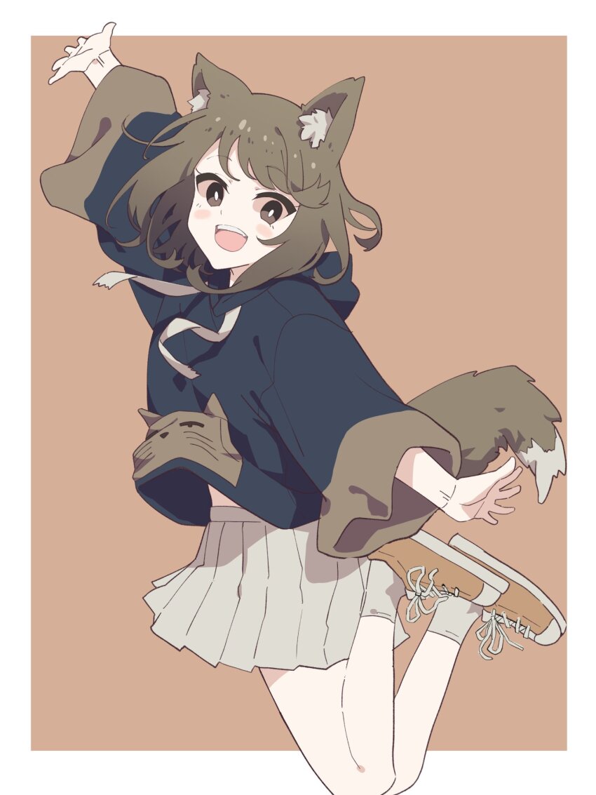 1girl :d animal_ear_fluff animal_ears arm_up black_hoodie blush border bright_pupils brown_background brown_eyes brown_hair brown_hoodie brown_tail chinagi_(kohitsujida) commentary full_body highres hood hoodie jumping kohitsujida laces long_sleeves looking_at_viewer medium_hair open_mouth orange_shoes original outside_border pleated_skirt shoes simple_background skirt smile sneakers socks solo tail teeth turning_head two-tone_hoodie two-tone_tail upper_teeth_only white_border white_pupils white_skirt white_socks white_tail wide_sleeves wolf_ears wolf_girl wolf_tail
